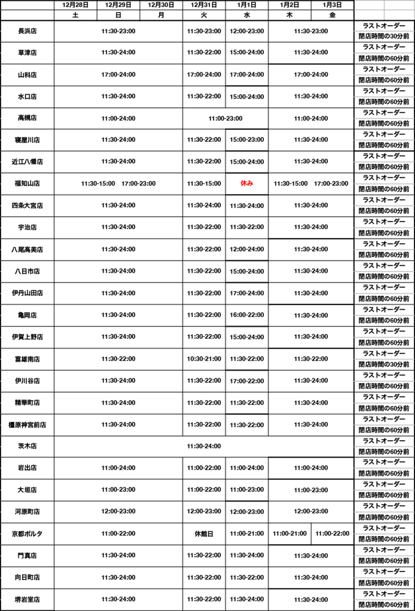 年末・年始の営業時間のご案内